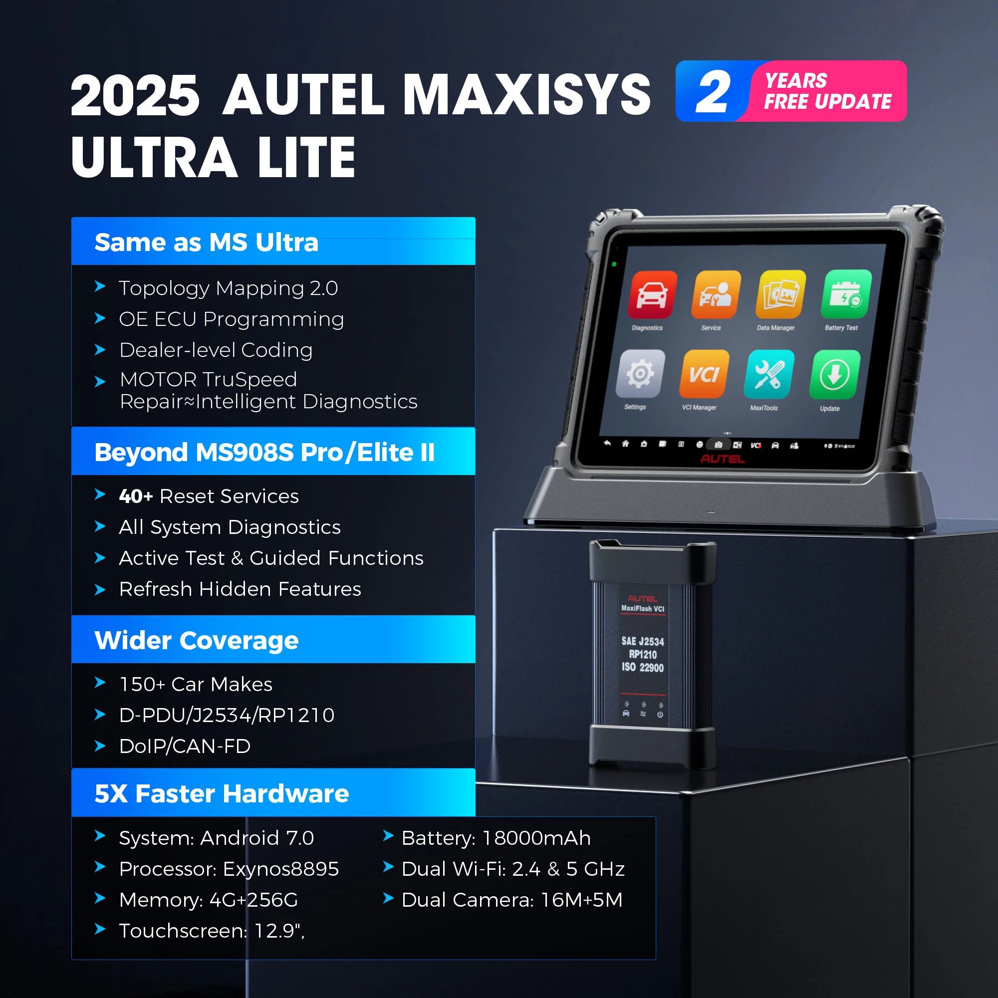 Autel MaxiCOM Ultra Lite Diagnostic Tools OBD2 Scanner Topology 2.0 J2534 ECU Programming Same as Ultra MS919 MS909 2 Years